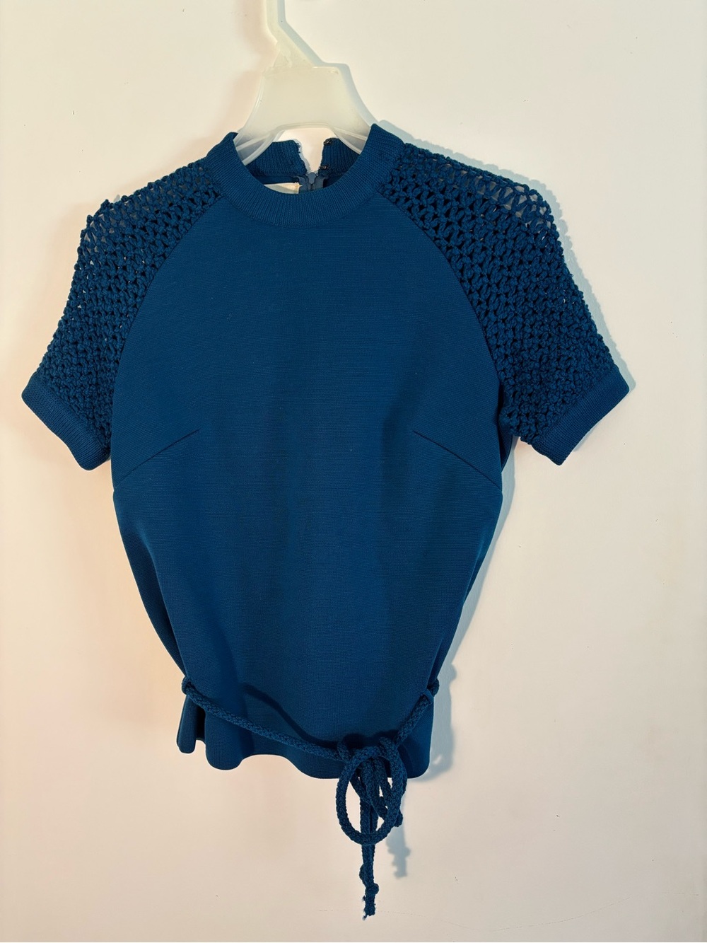 Vintage Dalton Pure Virgin Wool Blue Knit Short-Sleeve Top Crochet Shoulders